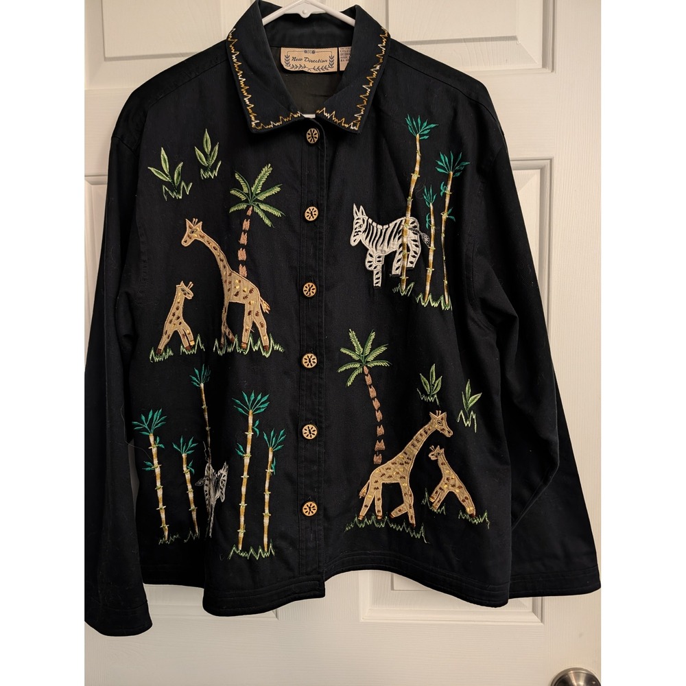New Directions Black Safari Jacket Giraffe Zebra Embroidered Whimsical Kitsch